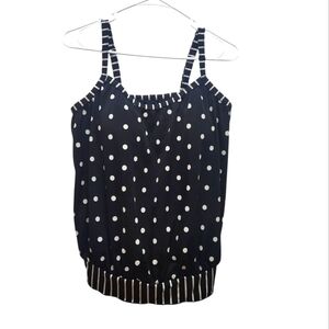 Kim Rogers Curvy Black White Polka Dots & Stripes Blouson Tankini Top Plus 18W
